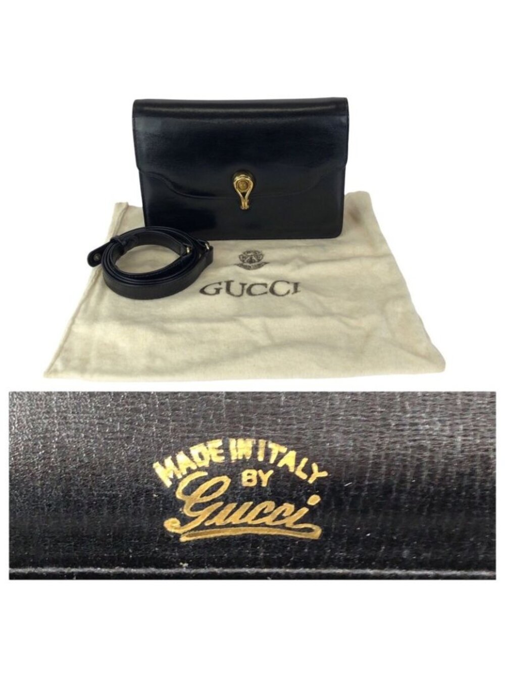 Gucci Vintage Taiga Eye Black Gold Leather Shoulder Bag Clutch - Picture 4 of 9